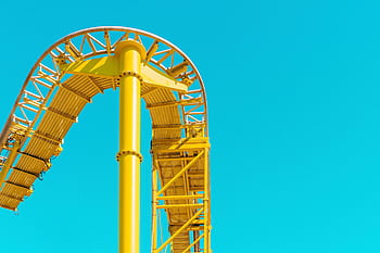 still, rides, themed, park, roller coaster, steel, industrial, yellow, lines, patterns, sky