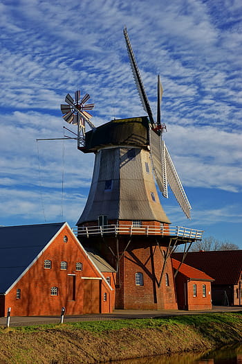 grå, vindmølle, ved siden av, brun, hus, himmel, nederlandsk, øst-frisia, slip korn, historisk bevaring, landskap