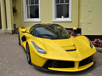 giallo, auto sportiva, parcheggiata, accanto, muro di casa, ferrari, auto, design, veicolo, auto, design, automobile