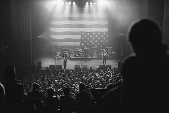 band, singing, stage, black, white, concert, people, crowd, black and white, american, flag