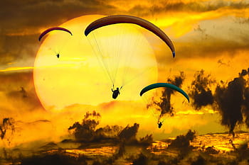 tre, person fallskjerm, sol, følelser, eventyr, fly, fallskjerm, paragliding, ferie, ferien, dom