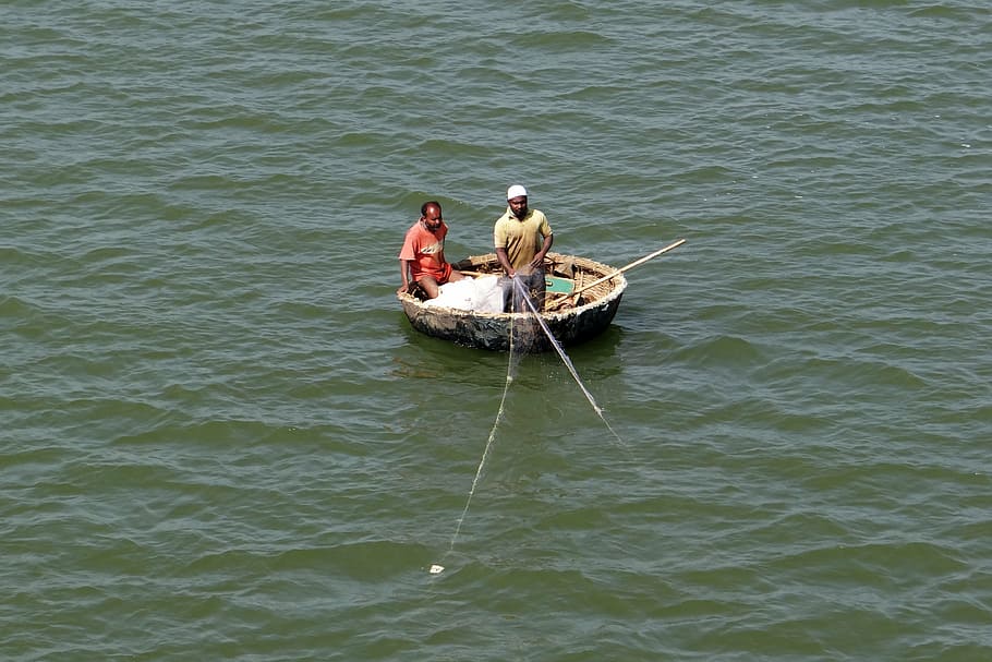 coracle, rybolov, dragnet, řeka krishna, rameny, karnataka, Indie, námořní plavidlo, řeka, lidé, kultur