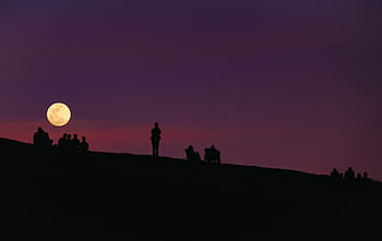 シルエット、 人々、 トップ、 丘、 夜、 月、 空、 山、 登山家、 冒険、 旅行