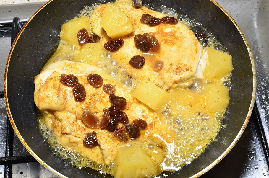 freír, hornear en una sartén, pechugas de pollo, cena, grasa, pasas, preparar la cena
