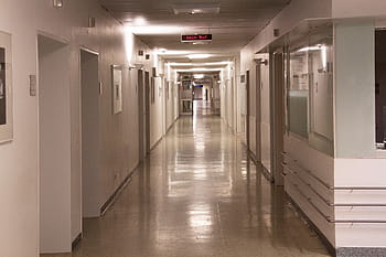 white floor tile, hospital, floor, gang, wide, very long, doors, escape, night, lighting, no call