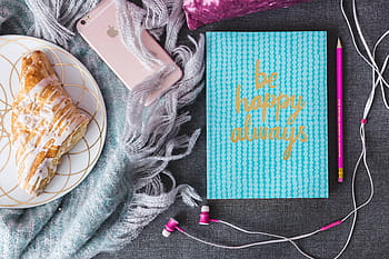 azul, cuaderno, rosa, auriculares, dulce, bollo, iPhone, bollo dulce, feliz, teléfono inteligente, diario