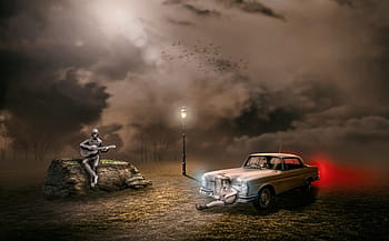 two, person, playing, guitars, car wallpaper photo, outdoors, smoke, mist, clouds, dusk, man