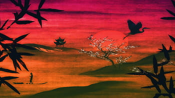 painting, bird, flying, japanese, landscape, nature, japan, asian, sky, traditional, tree