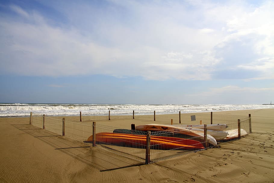 orange, white, kayak, inside, fence, seashore, Sand, Beach, Canoe, Sea, Colour, sand