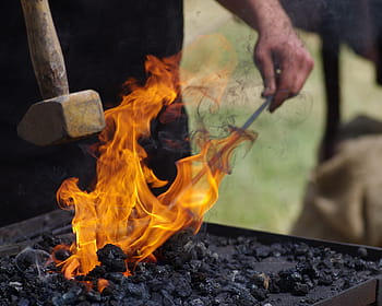 black charcoal lot, craft, forge, work, village smithy, fire, middle ages, hot, metal, hammer, hands