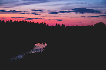 silhuet af skov, træer, nattetid, natur, landskab, Skov, sø, flod, himmel, skyer, horisont