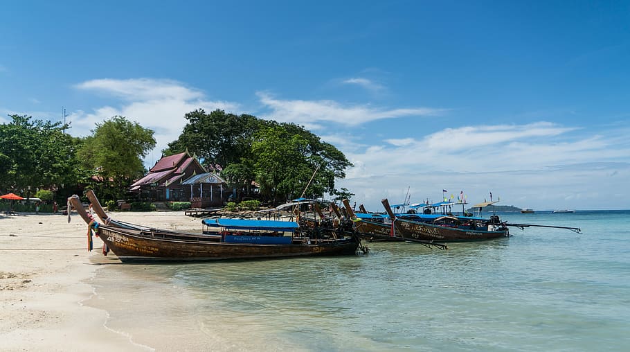 phuket, thailand, phi phi island, wooden boats, travel, sky, sea, beach, blue, water, summer