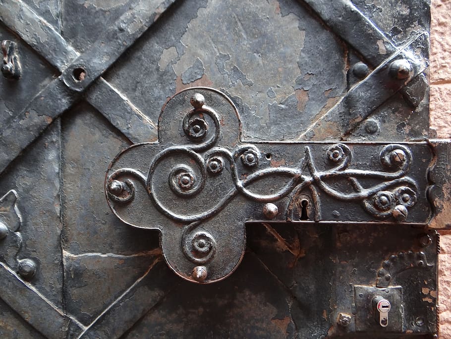 detailní fotografie, Černá, svitek kovový panel, detail, fotografie, svitek, kov, panel, haut-koenigsbourg, hrad, dveře