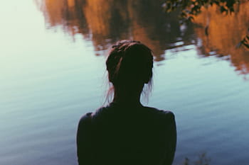 woman, looking, lake, silhouette, facing, body, water, daytime, girl, reflection, nature