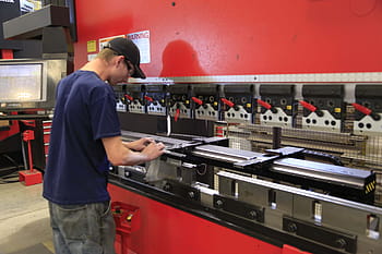 metallo, stampa, industriale, attrezzatura, produzione, piegare, lavoro, colletto blu, unione, sicurezza, laboratorio