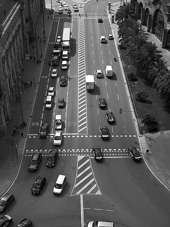 black and white, barcelona, traffic, cars, roundabit, road, street, trucks, city