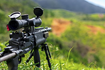 black, rifle, scope, daytime, sniper, green, grass, bullet, war, army, military