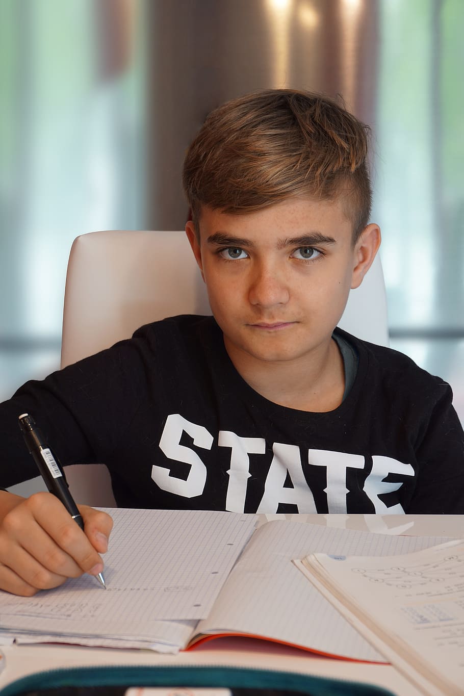 superficiale, foto di messa a fuoco, scrittura, ragazzo, bambino, imparare, cartelle, scuola, gli appunti, partire, carta