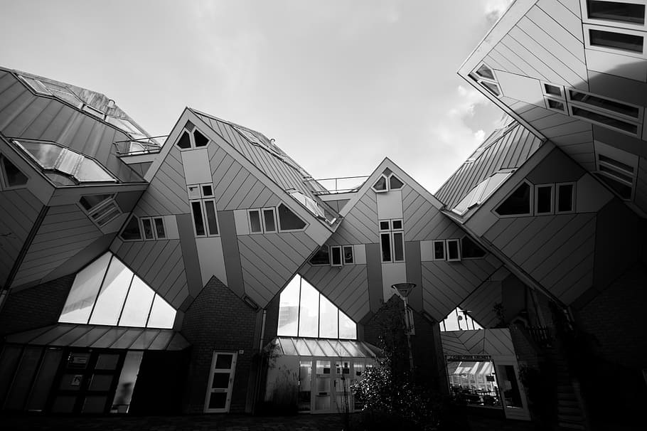 fotografie ve stupních šedi, Dům, domy, rotterdam, architektura, obytný, krychlový, design