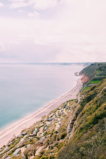 aerial, photography, houses, cliff, sea, daytime, ocean, water, white, sand, hill
