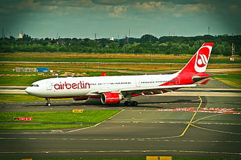 bianca, rosso, aereo airberlin, parcheggiata, aereo, aeroporto, partenza, viaggio, trasporto, passeggeri, volare