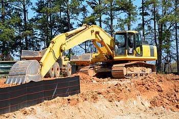 excavator kuning, sendok, buldoser, sekop, sekop listrik, berat, backhoe, peralatan, mesin, excavator, konstruksi
