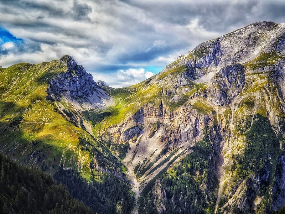 eng alm, mountains, clouds, tyrol, nature, landscape, trees, sky