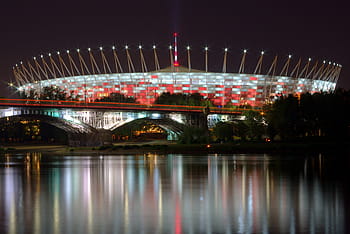 illuminato, cupola, riflessivo, fotografia, notte tme, notte, tme, stadion, nazionale, Varsavia, calcio