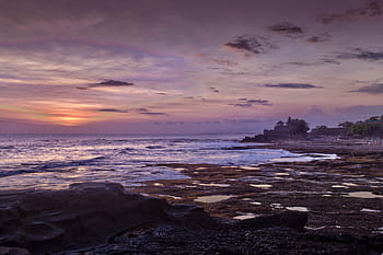 brown, sand, besides, body, water, sunset, sky, cloud, view, rocks, coast