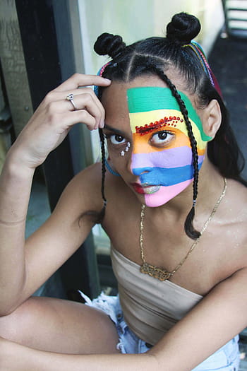 LGBTQ, person, regnbue, kvinde, malet, ansigt, stolthed, homoseksuel, support, køn, mennesker