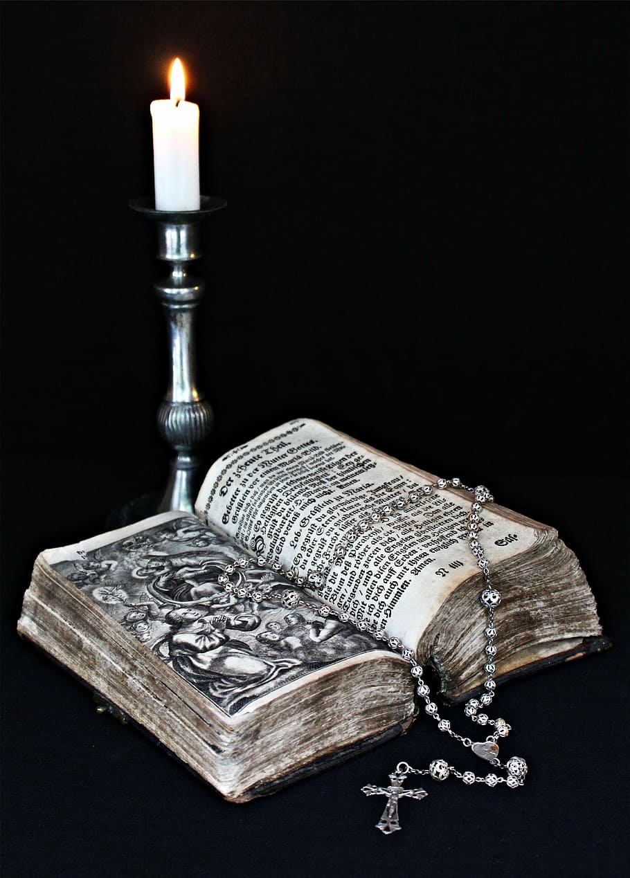 book, gray, rosary, top, silver candle holder, faith, bible, religion, believe, catholic, church