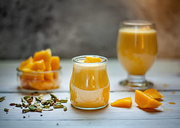 tazza di vetro trasparente, Mango, bere, frutta, dieta, salutare, frullato, cibo, succo, prima colazione, fresco