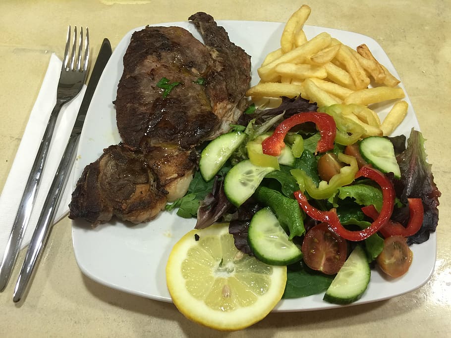 between cot, food, dish, dinner, meal, grilled, plate, meat, vegetable, lunch, salad