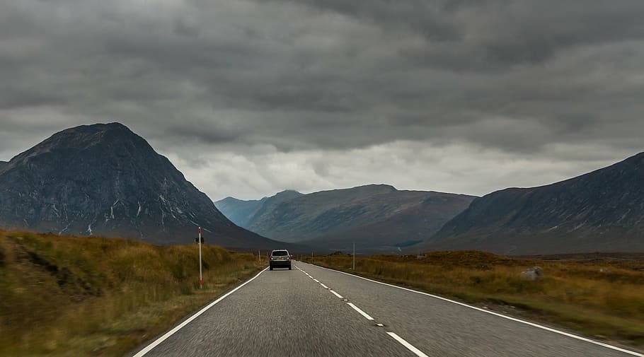 scotland, glencoe, nature, path, car, mountains, country, ride, dough, by car, the sky