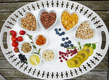 white, ceramic, plates, nuts, tray, breakfast, muesli, fruit, fruits, bowls, heart