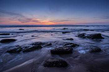 wide-angle seascape image, taken, sunset, south, england., shot, two-second exposure, add, movement, water, Wide-angle
