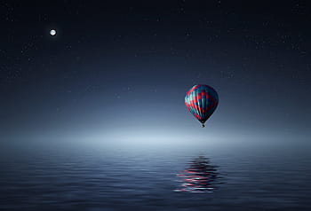rosso, blu, caldo, mongolfiera, corpo, acqua, notte, sopra, avventura, aereo, aria