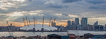 stadium under sunset, o2, stadium, london, dome, architecture, river, modern, landmark, sky, cityscape