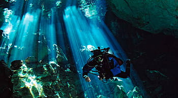 persoon, duiken, onderwater-, zonlicht, cenote, yucatan