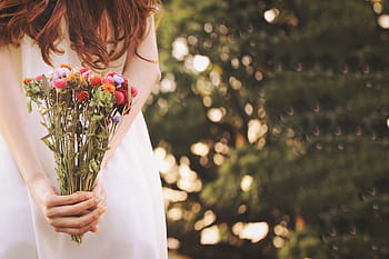 woman, holding, white, dress, red, purple, flowers, red, purple, bouquet, women, wedding