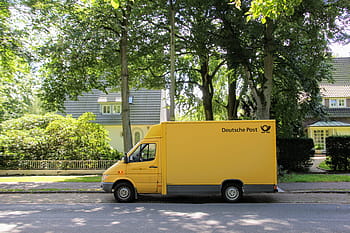 zaparkováno, dodávka, strom, během dne, pošta, poštovní vozidlo, dodávky, auto, doručovací služba, žlutá, přepravce