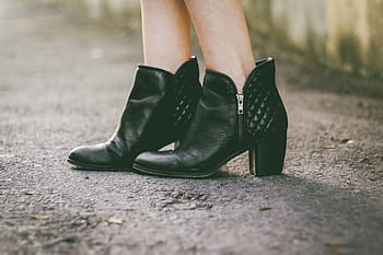 woman, wearing, pair, black, leather heeled booties, leather, shoe, footwear, boots, outdoor, women