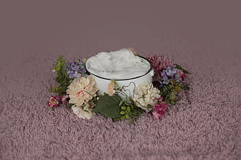 flowers, bucket, spring, pink, bloom, garden, backdrop, newborn
