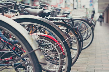 gade, Fukuoka, japan, cykler, fukuoka, japan, by-, cykel, transportmidler, urban scene, byliv, transportform