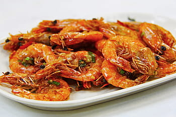 cooked, shrimps, white, plate, fried prawn, prawn, seafood, lunch, dinner, yummy, delicious