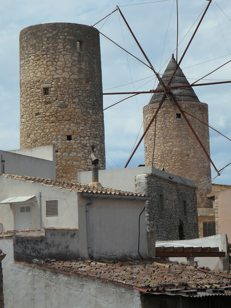 starý, starý mlýn, větrný mlýn, mezník, mallorca, historicky, vazba, mlýn, budova, křídlo, kamenný