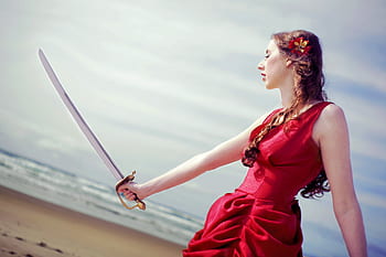 girl, anime, sword, red dress, beach, sword fighting, character, manga, young, person, female