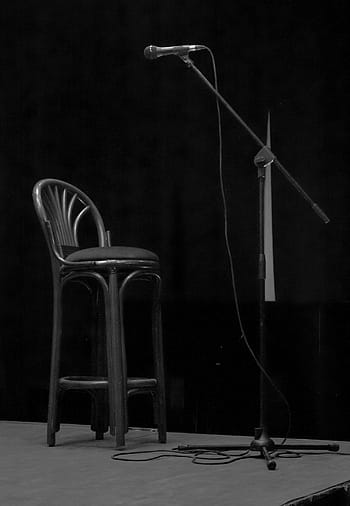 grayscale photography, stool chair, microphone, stage, seat, mic, concert, stand, music