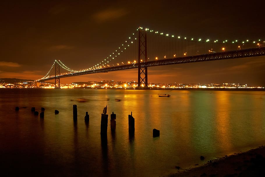 lighted, lights, black, bridge, lisbon, portugal, river, lisboa, landscape, travel, tejo