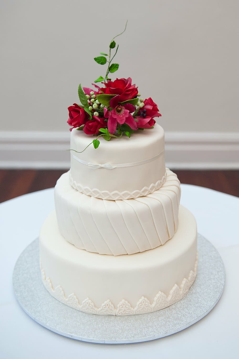 3-tier, 3- tier cake, pink, petaled flowers, top, wedding cake, wedding, cake, sweet, white, dessert